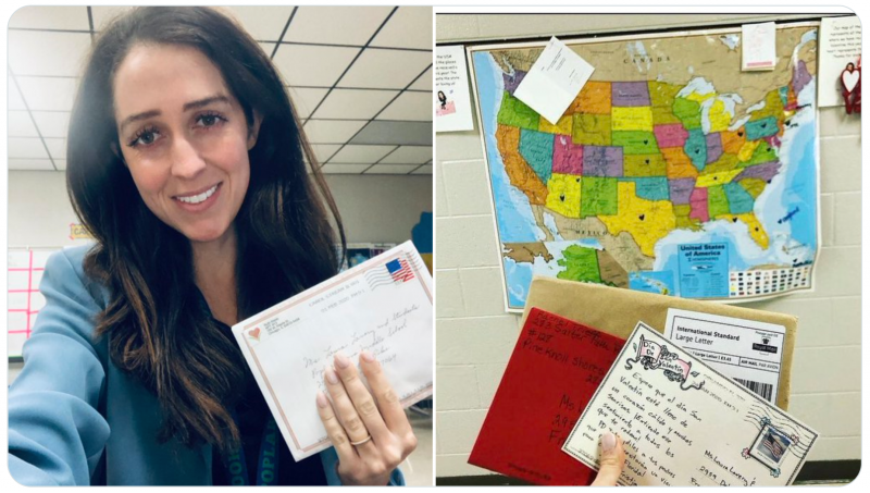   À esquerda, uma mulher segurando uma carta. À direita, um mapa dos Estados Unidos e alguém segurando várias cartas.