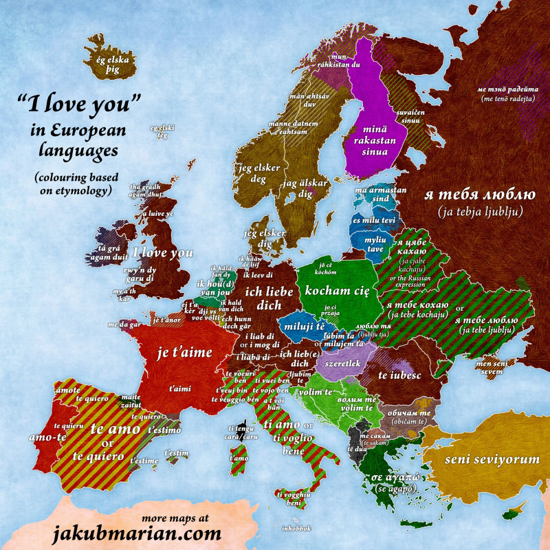   um mapa de"I love you" in various European languages