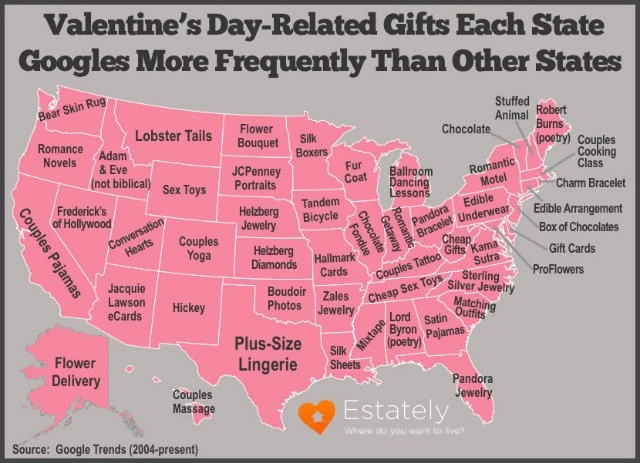   Um mapa dos EUA representando o dia dos namorados mais popular's Day gifts